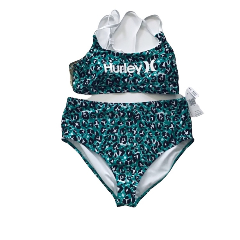 HP🎉 Hurley green, black and white animal print two piece bathing suit NWT - Picture 3 of 16